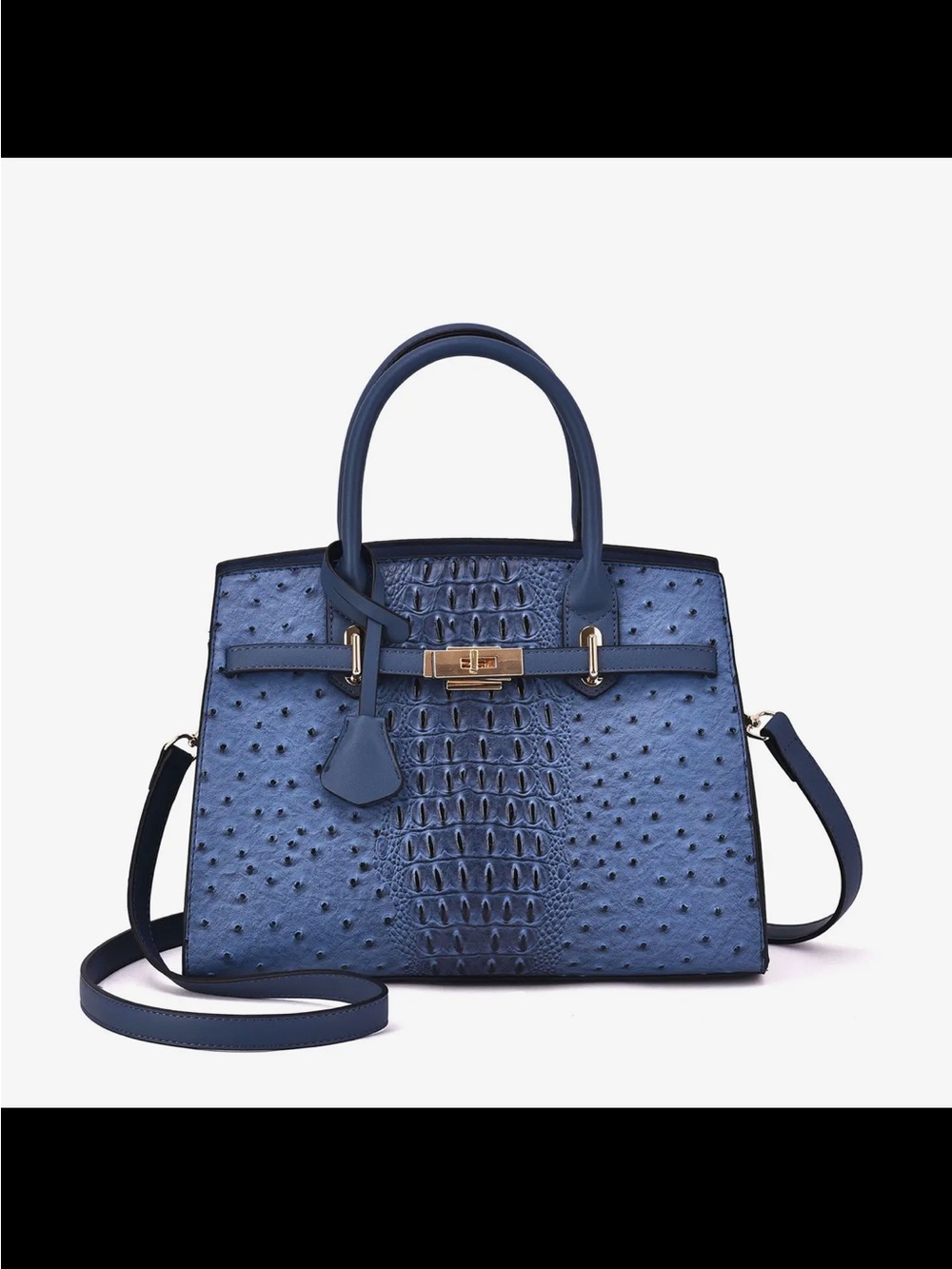Blue Textured Top-Handle Satchel Bag with Adjustable Strap